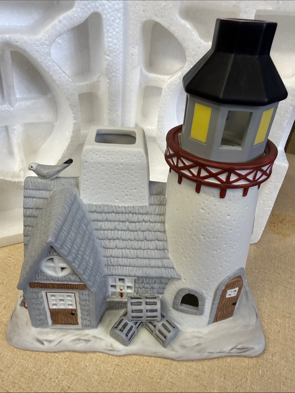 Lighthouse Ceramic House Figurine - Gray, White, Red, Yellow